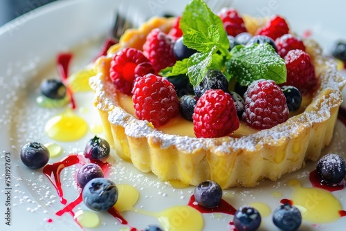 An elegant dessert plate with a lemon tart garnished with fresh berries