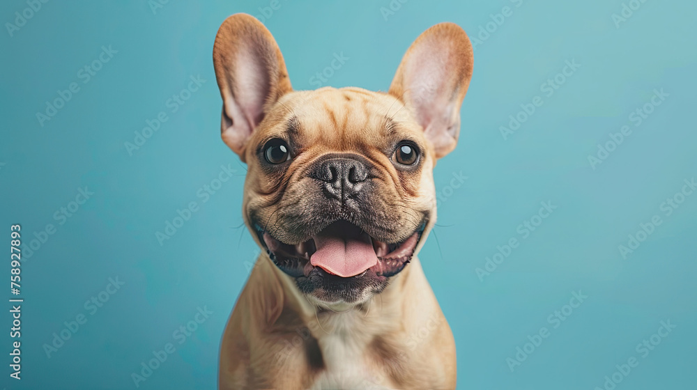 Setting happy puppy on pastel blue background