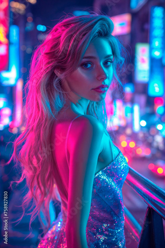 una mujer con un vestido de pie en una calle por la noche con luces de neón en el fondo y una calle de la ciudad