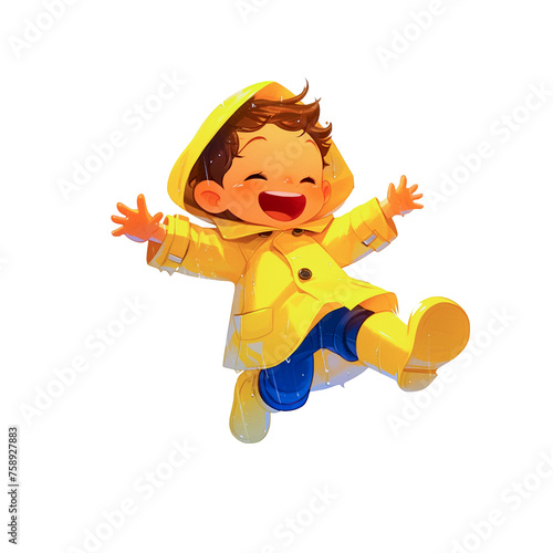 A funny little boy in a raincoat and rubber boots jumps high in puddles. Walking with children in any weather.