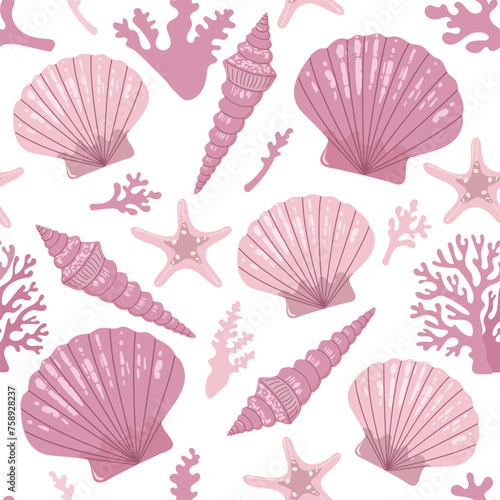 Seamless pattern of sea shells. Beautiful colored pink shells with interesting shapes. Fashionable flat vector illustration  for textile creation  endless print.