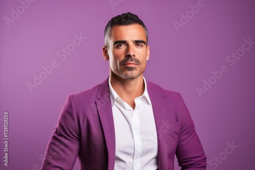 Portrait of a handsome man in a purple jacket on a purple background. © Loli