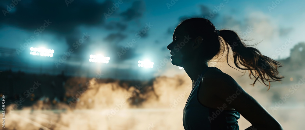 Close up of woman in motion. Female  running on the stadium road or trail with steam. Professional marathon runner. Sporty girl. Outdoor sport, fitness banner. Jogging. Generative ai