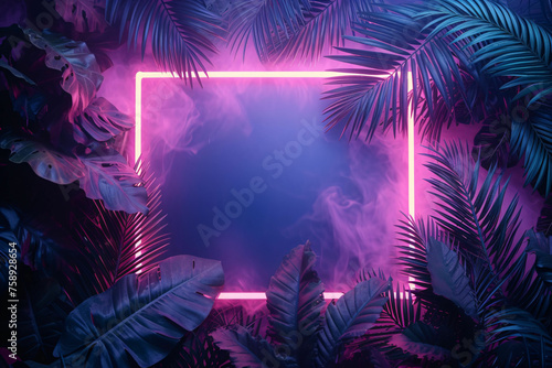 neon frame on tropical leaves dark copy space area background