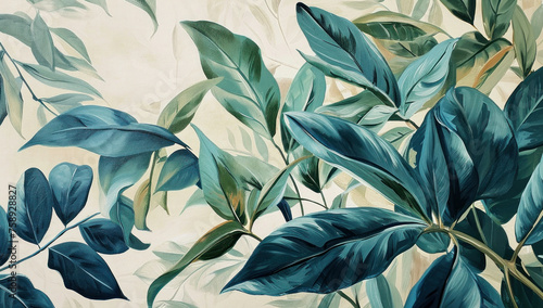 Vibrant oil painting of blue and green leaves on a white and beige background, botanical art concept