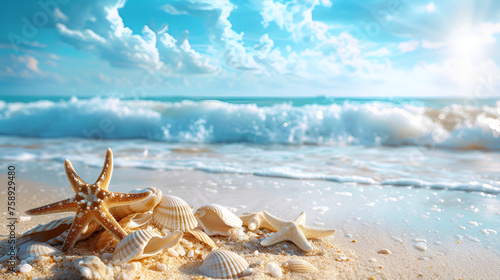 Summer beach with strafish and shells background. generative ai 