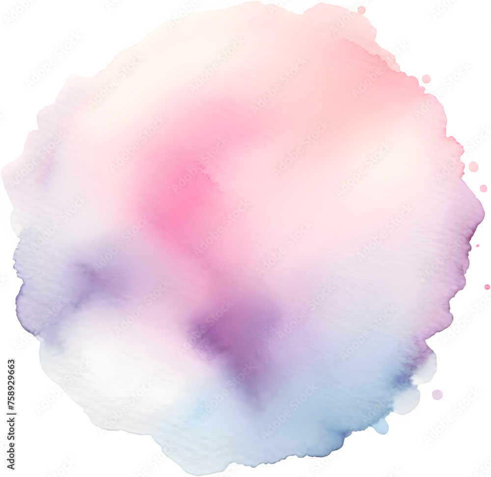 Watercolor spot round border frame background. Watercolor splash fluid effects. Pastel pink, purple, blue colors texture abstract element clipart. Isolated on transparent background.