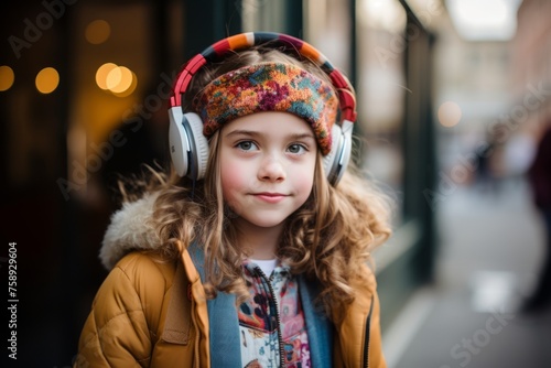 Cute little girl with headphones listening to music in the city.