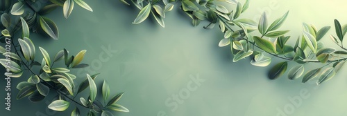 Green olive branch with leaves and fruits on white background. Horizontal luxury botanical background for banner, greeting card, invitation. Women's Day, Valentine's Day, wedding. photo