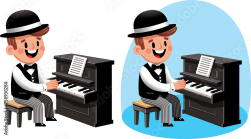 cartoon musician in a bowler hat and waistcoat sits at the piano