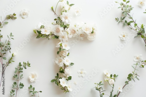 a minimalist hand drawn invitation for a christening, white background, a Christian cross made out of flowers in the center