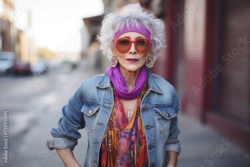 stylish hipster woman in sunglasses and pink scarf on the street