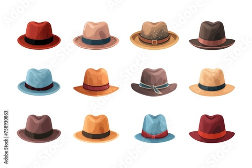 A variety of hats in different colors. Perfect for fashion blogs or summer-themed designs