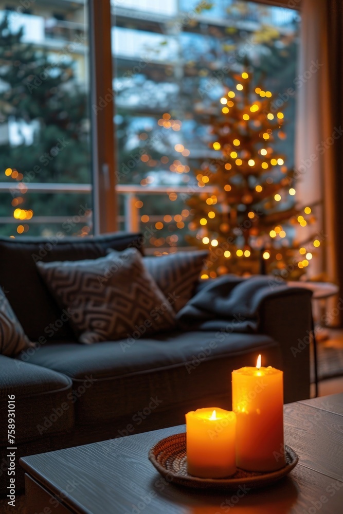 Lit candle on coffee table with Christmas tree in background. Perfect for holiday decorations Lit candle on coffee table with Christmas tree in background. Perfect for holiday decorations