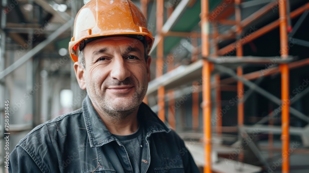 a builder in a helmet, scaffolding on the background, Looking straight ahead, smile a builder in a helmet, scaffolding on the background, Looking straight ahead, smile