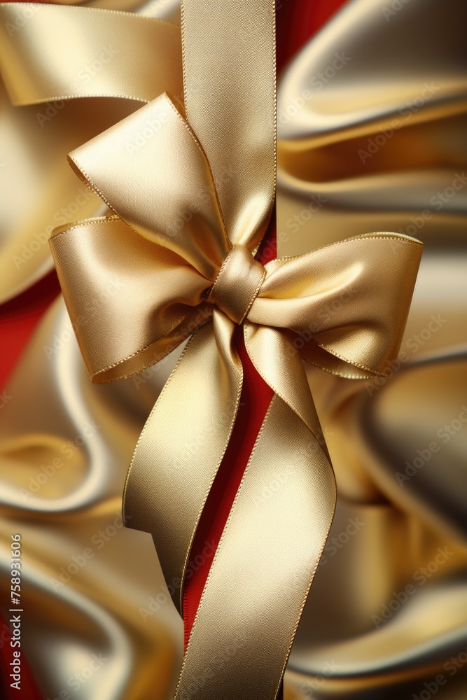 A shiny gold bow tied to a vibrant red ribbon. Perfect for festive decorations A shiny gold bow tied to a vibrant red ribbon. Perfect for festive decorations