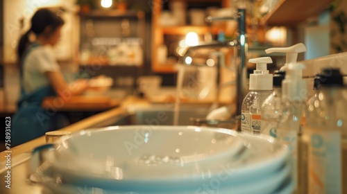 a close up of women hand washing dishes in background, focus on a flat labeled product