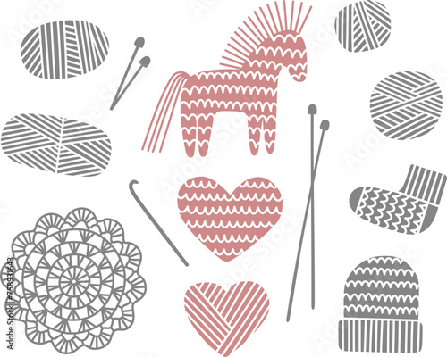 Vector knitting set. Hand-drawn crocheted toy horse, doily, skeins of thread, crochet hooks, knitted hat, sock, and heart shape decor. Isolated SVG for Cricut