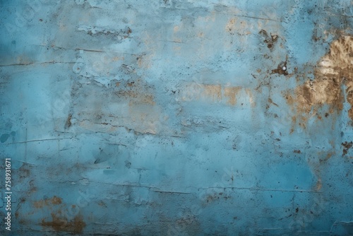 A blue wall with a rusted surface and a fire hydrant. Suitable for urban background
