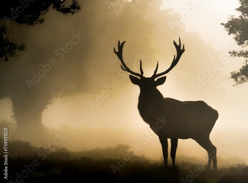 Deer stag  silhouette in the mist