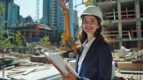 a cover photography, body and face photo, a construction overseer smiles confidently, she is wearing a formal blue suit, a helmet photo