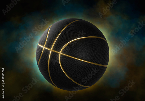 Black basketball closeup with golden lines high quality on black background with smoke © Retouch man