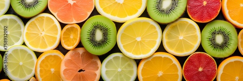 Fresh sliced citrus fruit mix background, backdrop, banner, texture. Sliced fruits pattern closeup top view