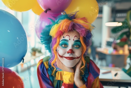 A female clown wearing a colorful costume and makeup, holding a balloon, sitting at a modern desk in a bright, contemporary office.