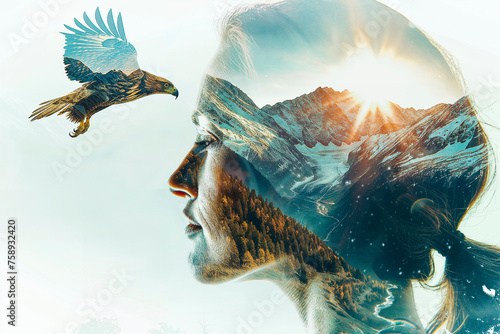 Mujer y águila representando la naturaleza con un paisaje montañoso con rayos de sol del amanecer