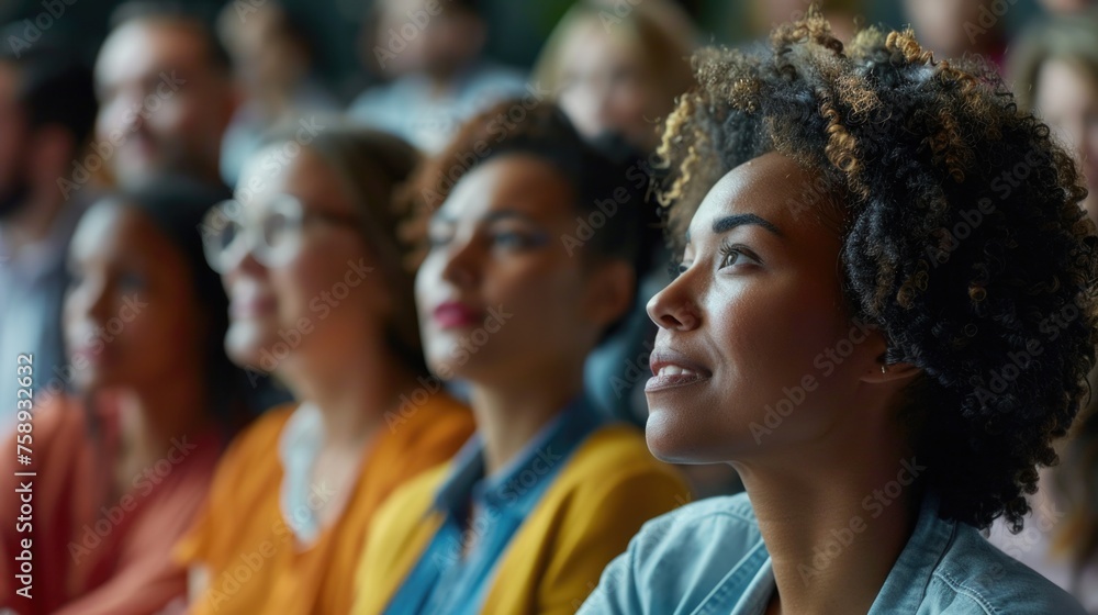 Group of people sitting in front of a crowd, suitable for business presentations