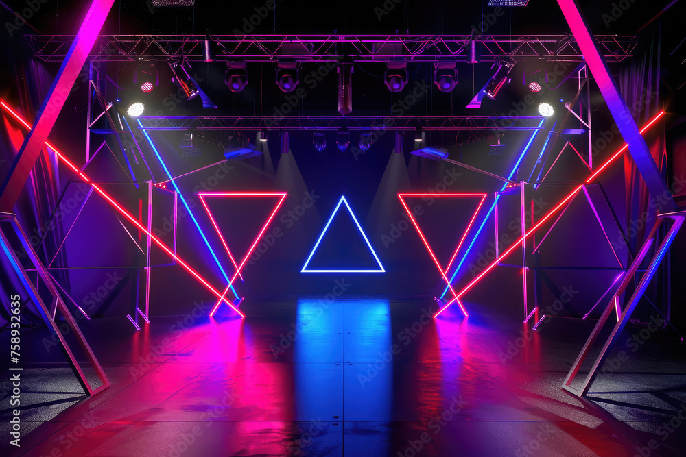 Modern empty stage with LED lights and dynamic neon triangles. Provide a futuristic and abstract by AI generated image