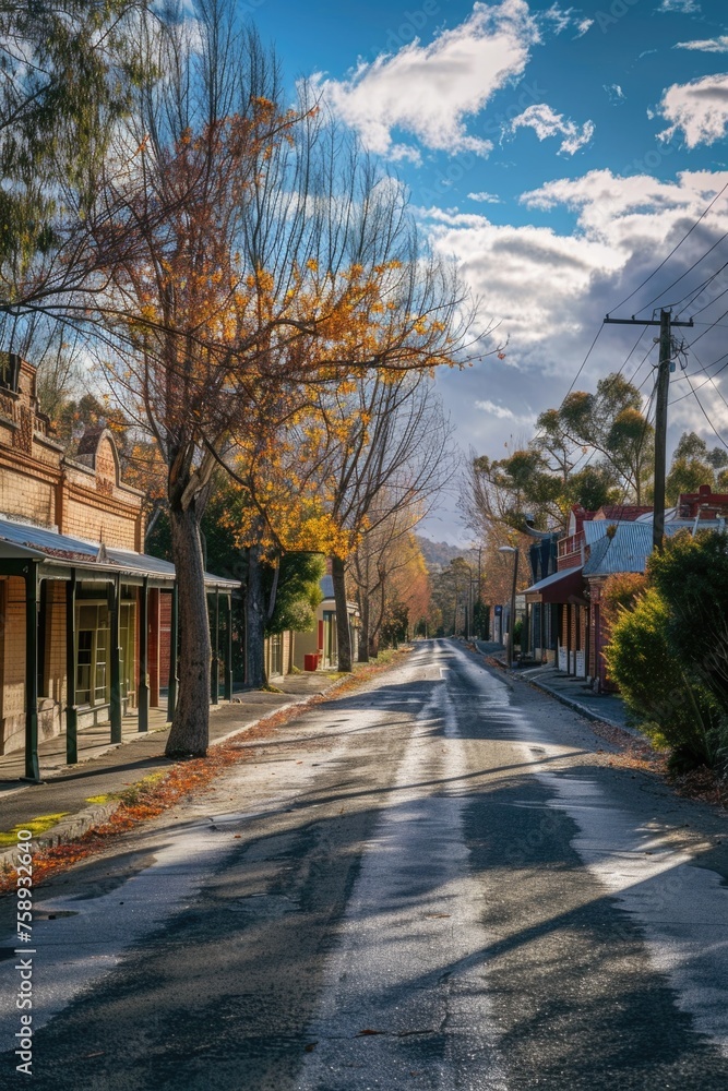 A picturesque street with buildings and trees, ideal for urban themes A picturesque street with buildings and trees, ideal for urban themes