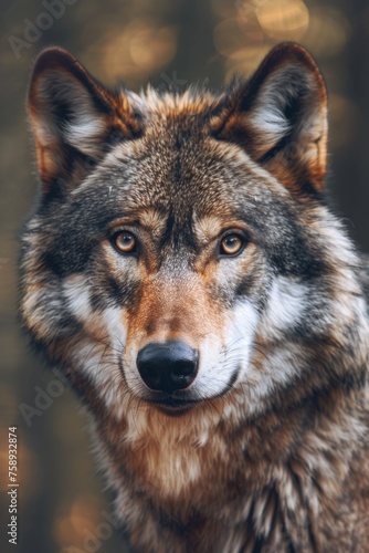 A close-up image of a wolf looking directly at the camera. Suitable for wildlife or nature themes