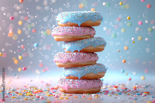 pink and blue donuts stacked, one on top of the other. Everyone has a different topper icing, colorful sprinkles