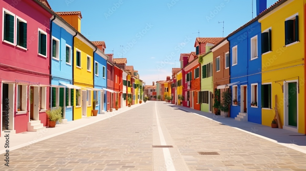 Vibrant buildings along a narrow street. Suitable for travel brochures