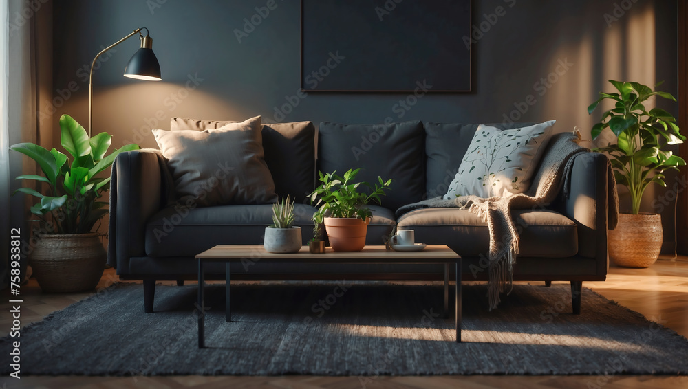 Modernes Wohnzimmer mit elegantem Sofa und stimmungsvoller Beleuchtung - obrazy, fototapety, plakaty 