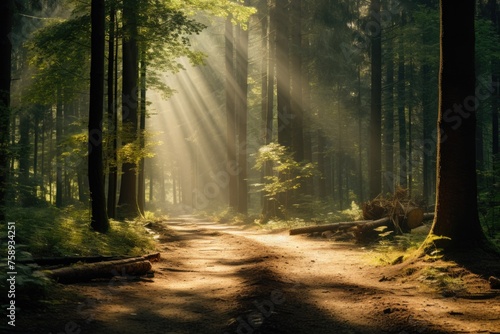 A scenic view of a dirt road in the forest  perfect for nature-themed projects