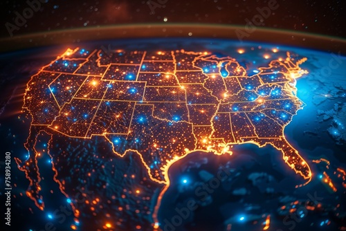 Map of Internet network for fast data exchange over America from space, global telecommunication satellite around the world for IoT, mobile web, financial technology. digital background 