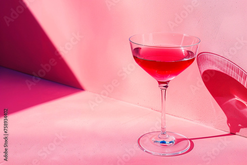 cocktail, bebida rosada en copa en superficie y pared rosa,  luces y sombras