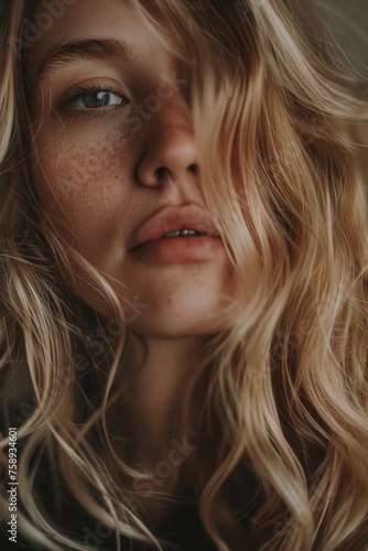 Close up of a woman with freckles. Suitable for skincare products promotion
