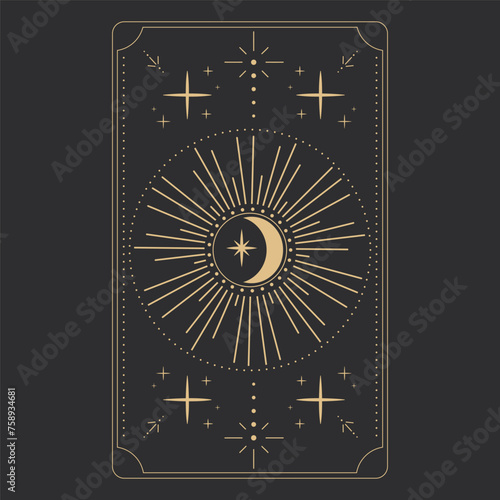 Alchemical esoteric mystical magic templates for tarot cards frame border with golden line celestial elements, esoteric astrology mystery ornament with moon, star isolated on dark background.
