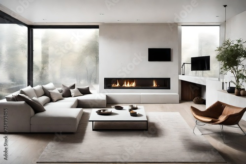a minimalist yet inviting ambiance with a corner sofa and a minimalist fireplace, embodying simplicity and sophistication in a living room retreat. photo