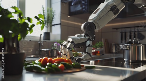 Robotic Arm Preparing Fresh Vegetables in Modern Automated Kitchen with Stainless Steel Appliances and Lush Greenery