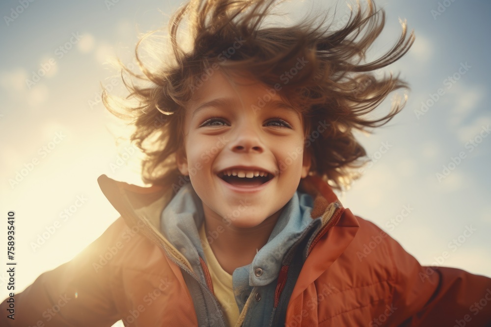 A young boy smiling with his hair blowing in the wind. Perfect for lifestyle and happiness concepts