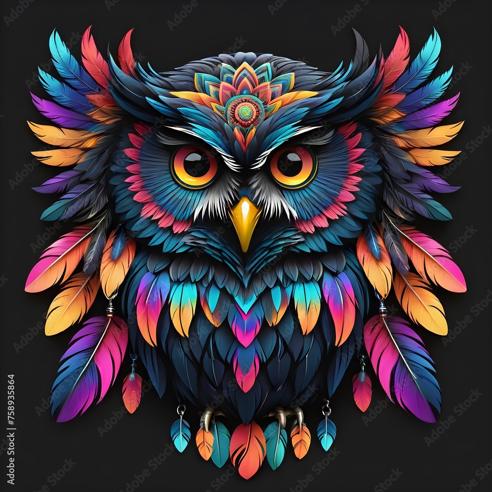 Fototapeta premium Vivid Tribal Fox Tattoo Logo: Intricate Mandala Patterns & Neon Undertones on Darkest Black Background - Elevating Minimalist Elegance