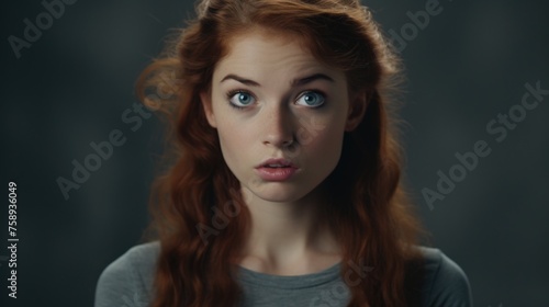 A woman with long red hair looking at the camera. Suitable for various projects