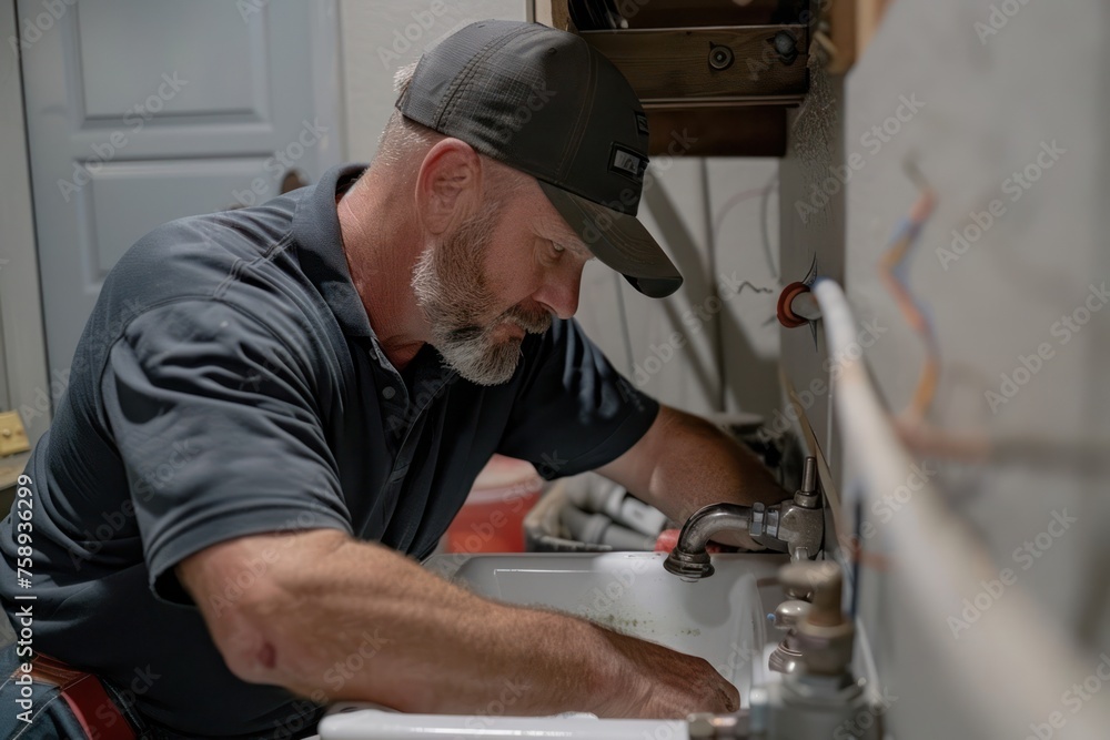 A professional plumber working on a bathroom sink installation. A professional plumber working on a bathroom sink installation.