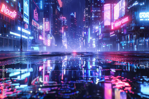 3D Rendering of neon mega city with light reflection from puddles on street heading toward buildings.  © imlane