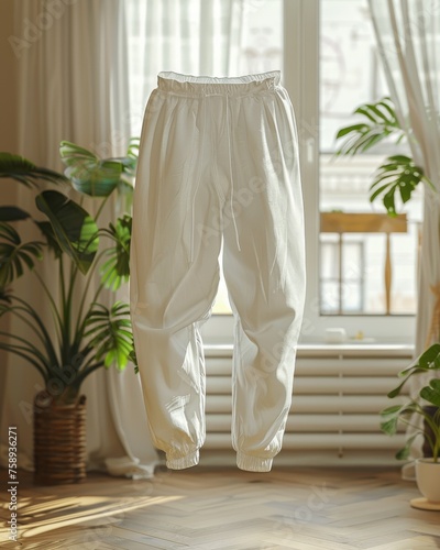A pair of white pants is hanging in a room with a window and a potted plant