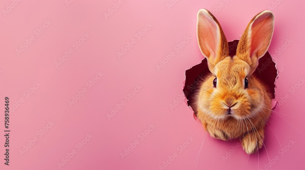 Obraz premium Cute fluffy rabbit on pink background. Generative AI